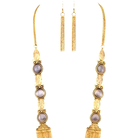 Frosted Glass Owl Multi Chain Long Statement Necklace Set - Picture 3 of 3